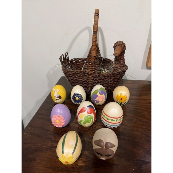 Vintage Wicker Basket With Hand-Painted Ceramic Eggs & Goose/Duck Head Design - Picture 2 of 9